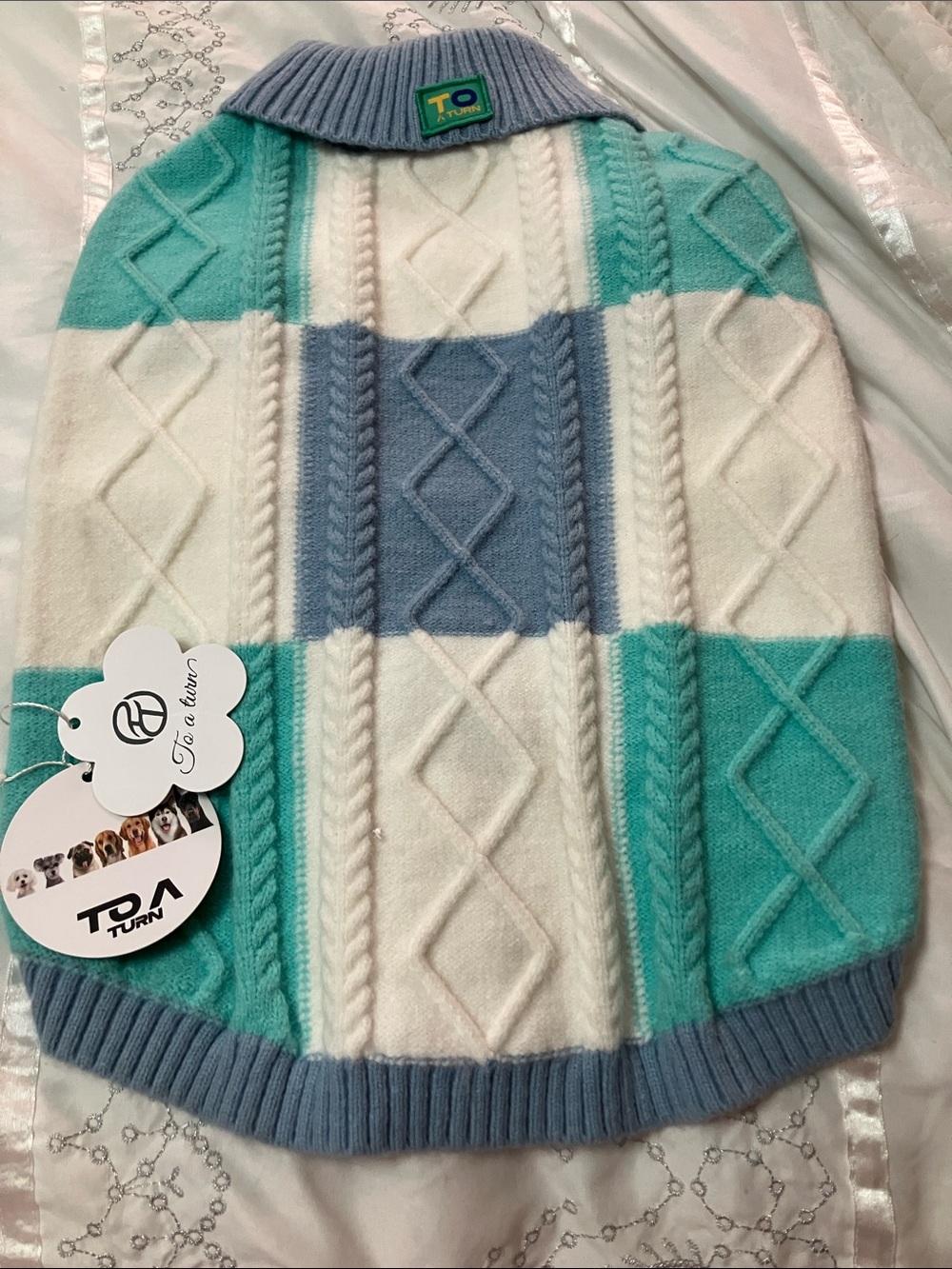 Cable-Knit Dog Sweater in Mint, White & Light Blue